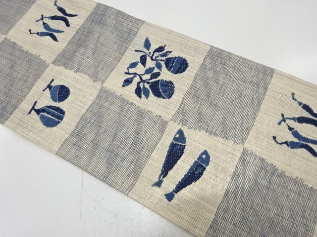 JAPANESE KIMONO / FUKURO OBI / SILK / WOVEN CHECKERED & FISHES & FRUITS & CHILLI